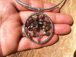 Tree of Life Wire Wrapped Pendent made with Real Tumbled Watermelon Tourmaline. With wide sterling silver chain.