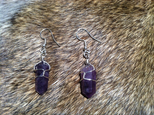 Amethyst crystal Wire wrapped Earrings Sterling Silver