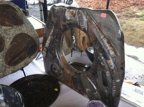 Stand up Mirror made of prehistoric fossils. Ammonite and Orthoceras specimen