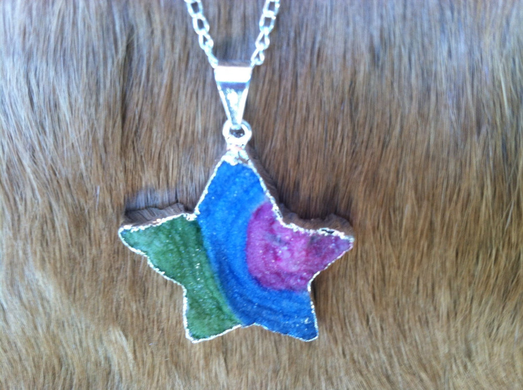 Rainbow geode druze star necklace/pendent  silver