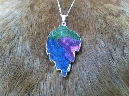 Rainbow geode druze leaf necklace/pendent  silver