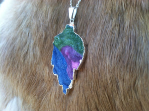 Rainbow geode druze leaf necklace/pendent  silver