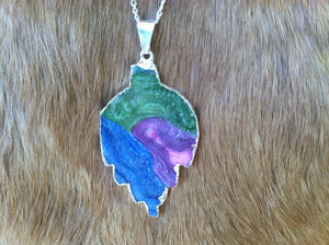 Rainbow geode druze leaf necklace/pendent  silver